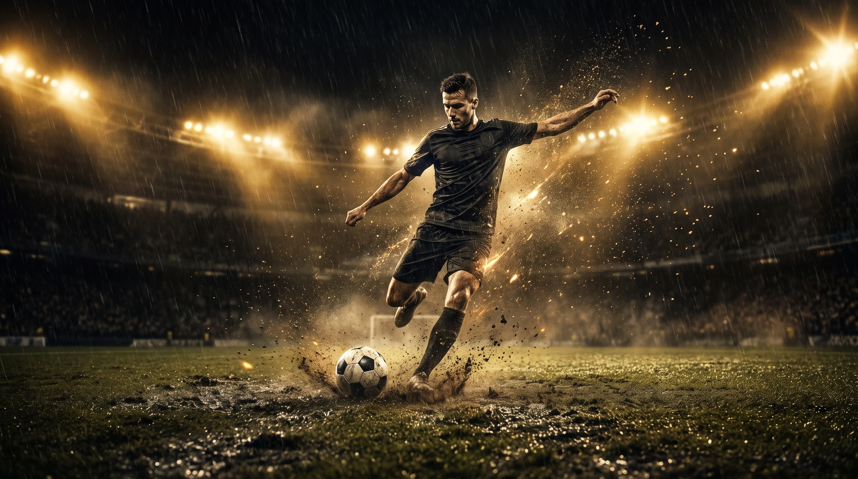 Footballer striking a ball under floodlights