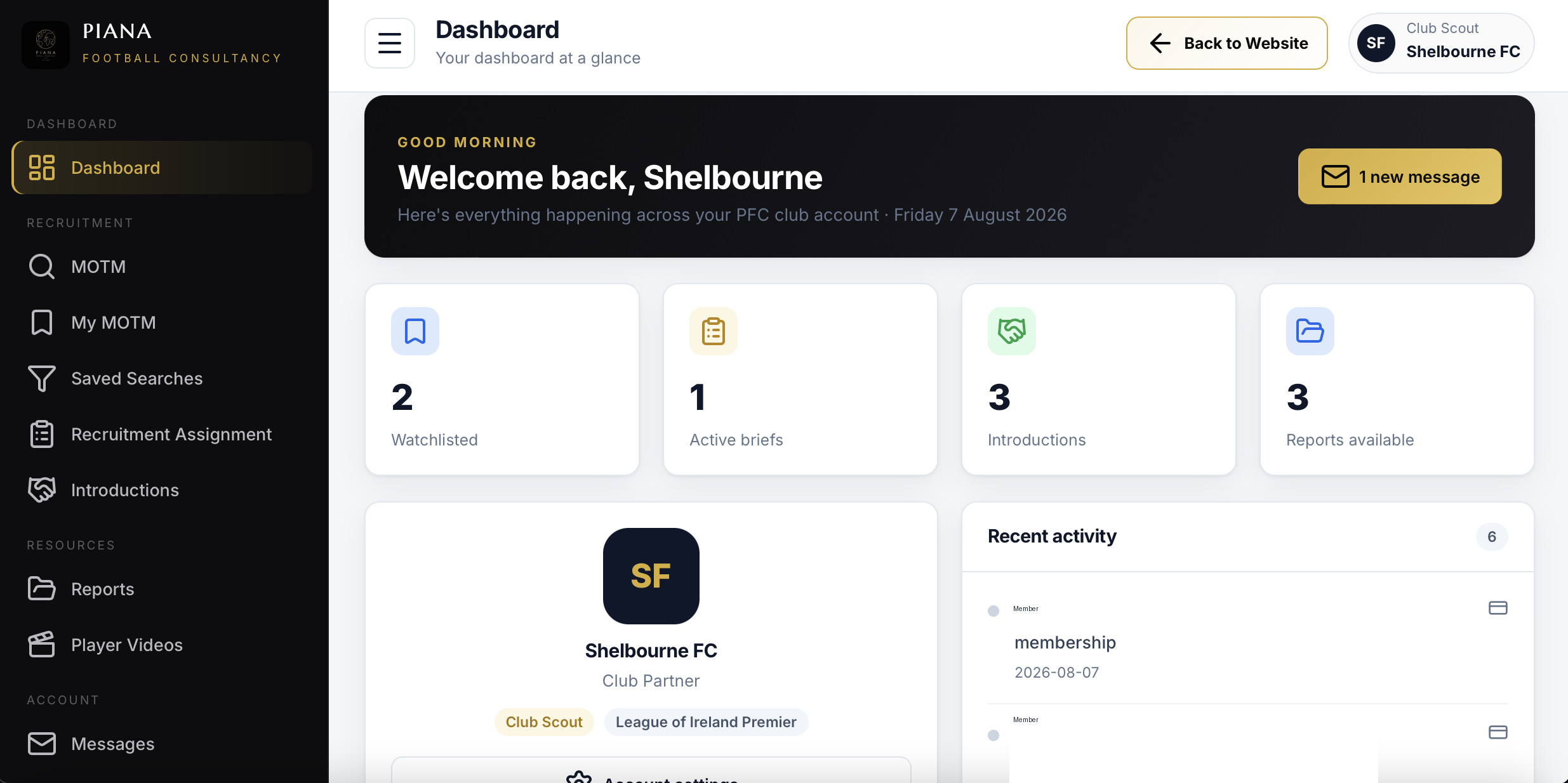 Club portal dashboard