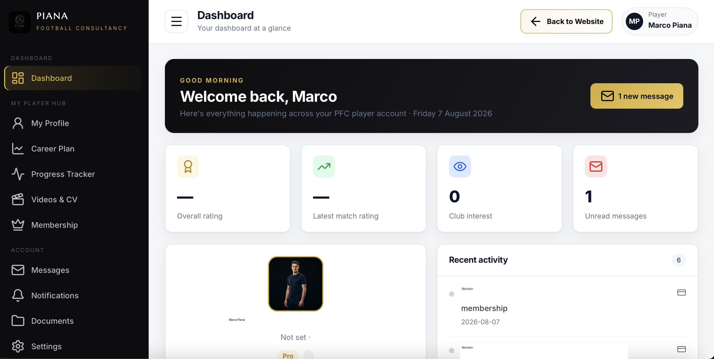 Player portal dashboard